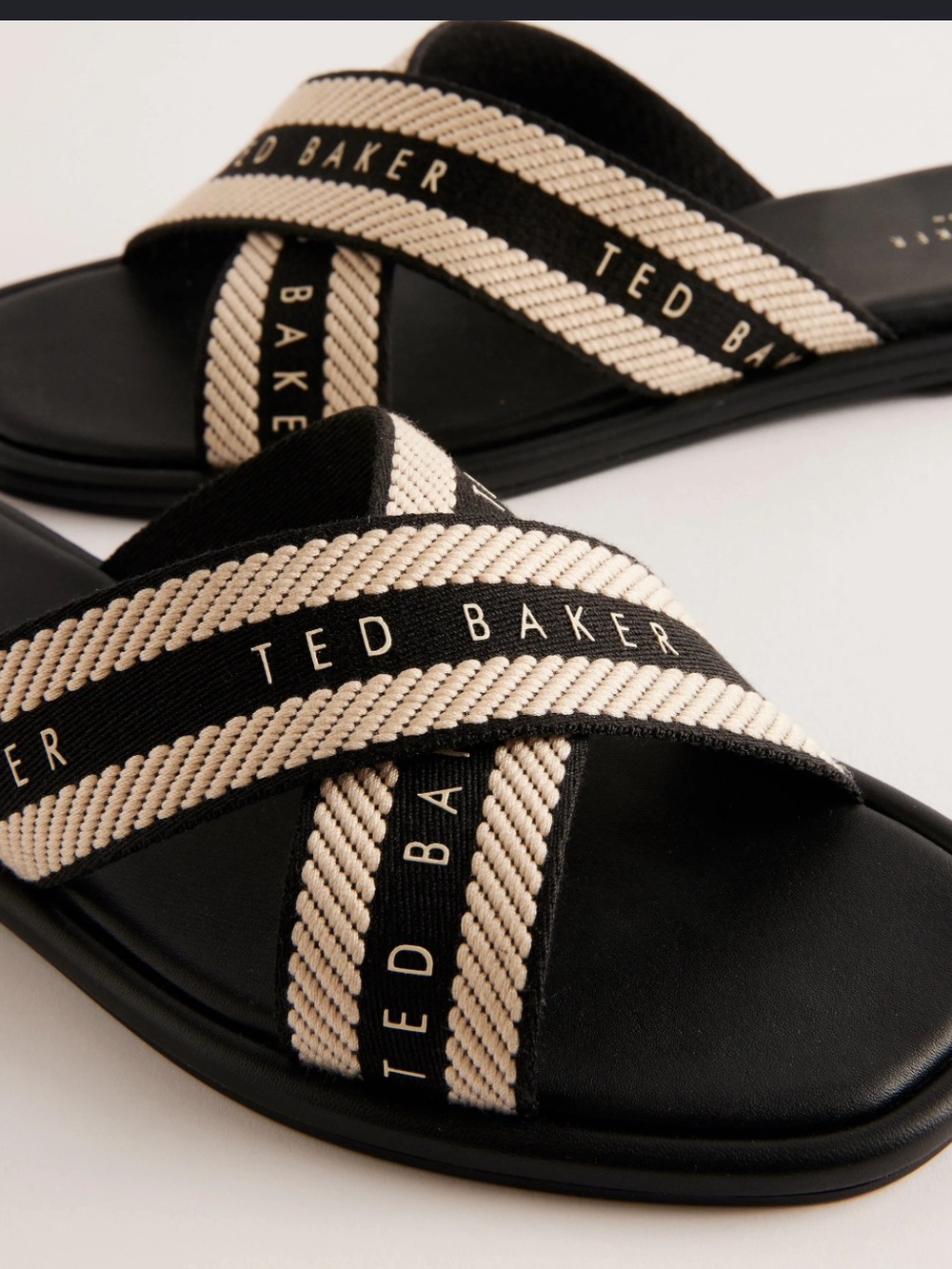 Ted Baker Black and Cream Cross-Strap Slide Sandals
